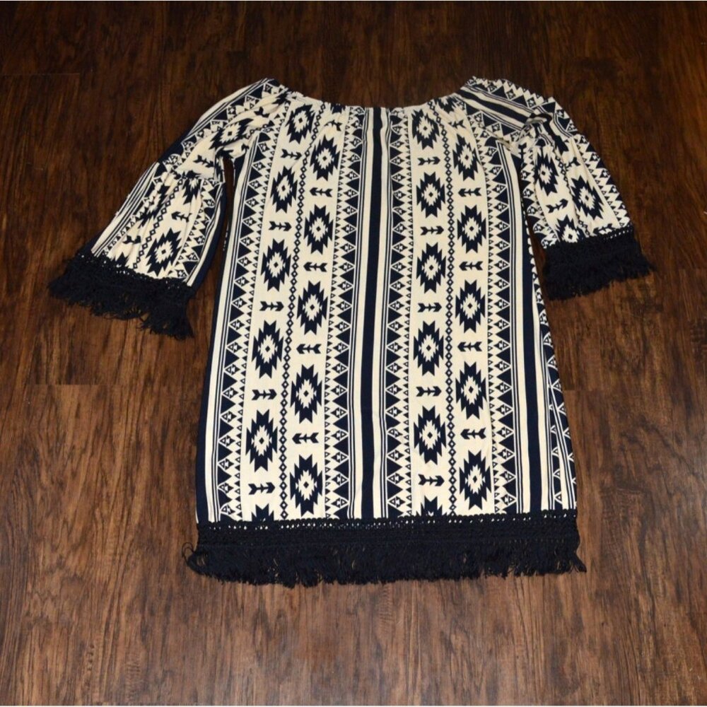 Auditions Cream & Black Geometric Fringe Dress Cold Shoulder Women's Size Large